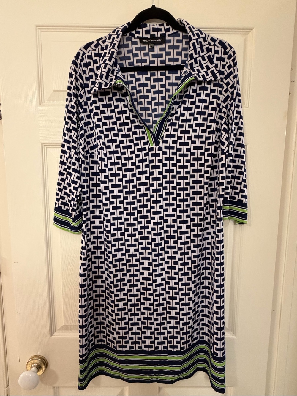 Mlle Gabrielle Navy and White Geometric Collared Top with Green Accent